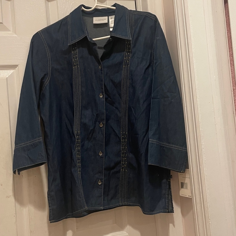 PERFECT NWT LIZ CLAIBORNE Size L WOMEN'S 3/4 SLEEVE COLLARED SHIRT 100 % COTTON